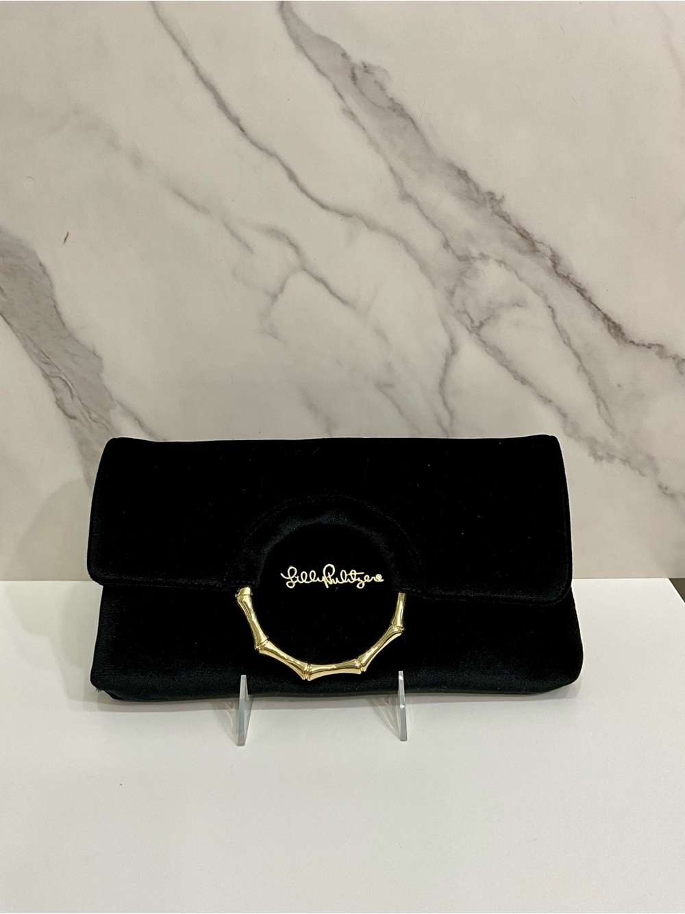 LILLY PULITZER Black Velvet Clutch Gold Bamboo Ring Evening Bag